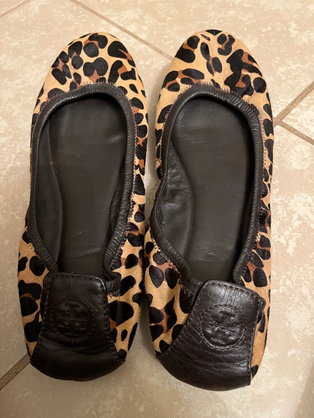 Tory Burch Leopard Print Ballet Flats with Black Leather Trim